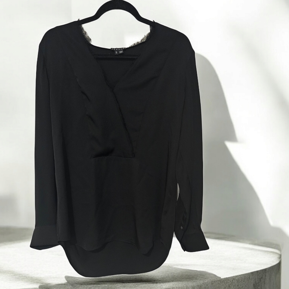 Theory Silk Black V-neck Wrap Fringe Blouse